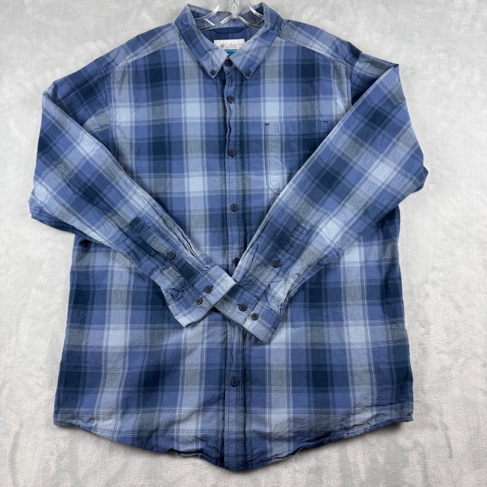 Columbia Mens 100%‎ Cotton Plaid Long Sleeve Button Up Shirt Blue Grey Size XL